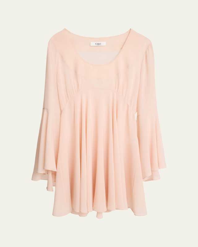 Silk Georgette Flare-Sleeve Mini Dress